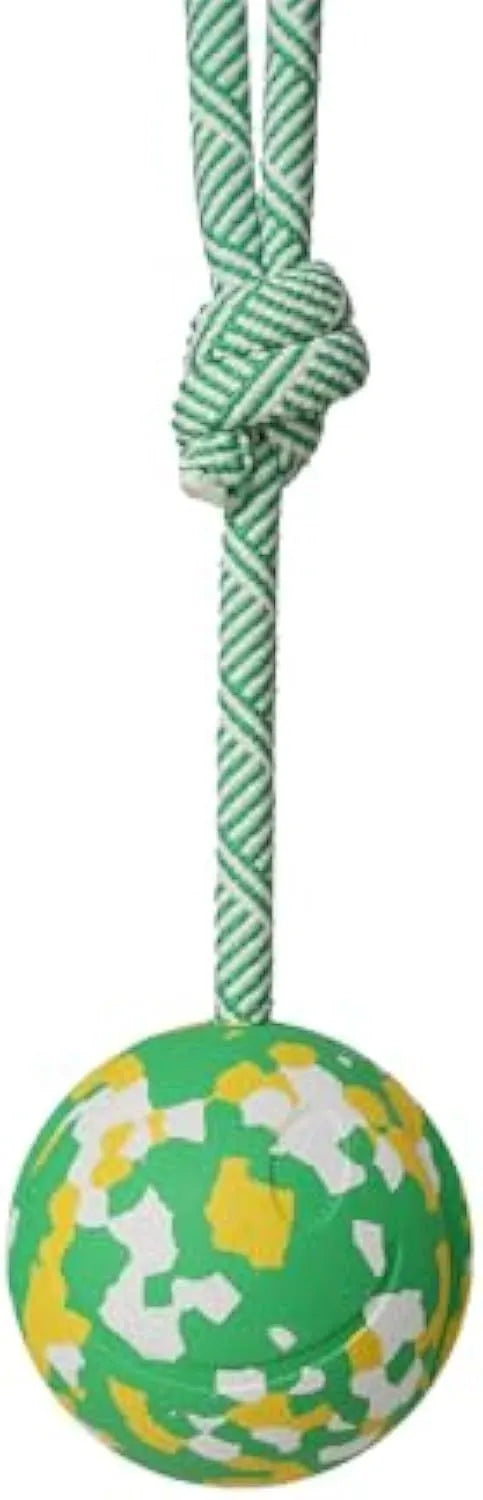 Natural rubber dog ball attached to a blue nylon rope for interactive fetch and tug toy
