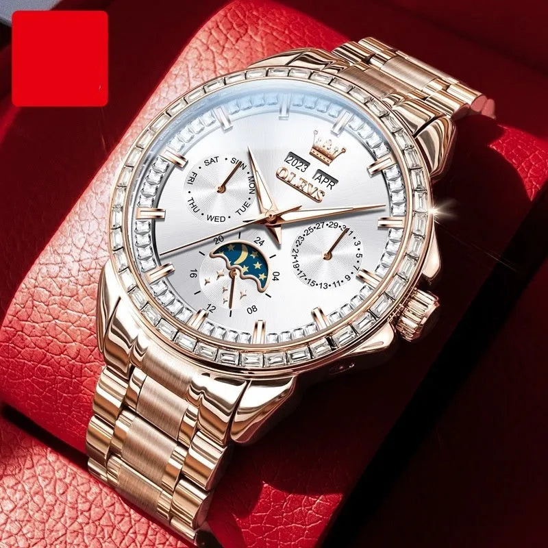 Men's automatic mechanical watch with stainless steel bracelet and transparent case back showing movement