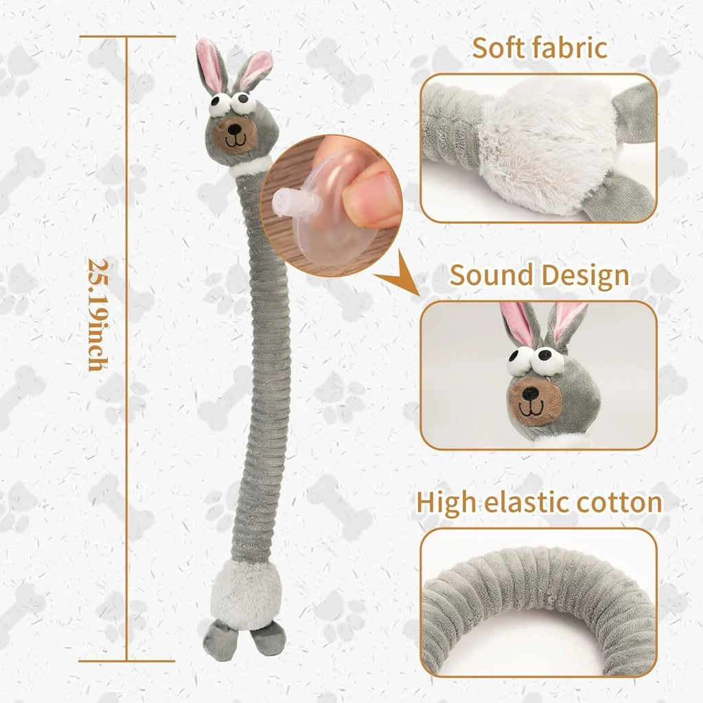 Brown, grey, and yellow plush dog toys with a foldable design and crinkle sound features.