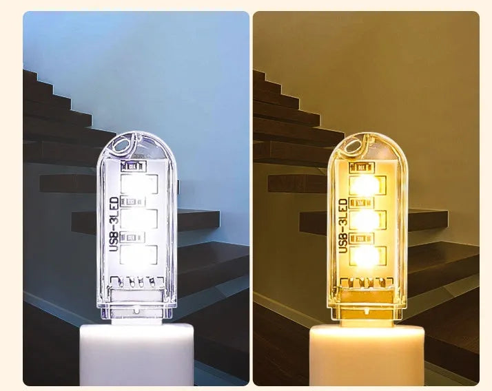 Compact USB-powered LED baby night light showing warm and white light colour options.