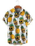 Men's loose fit 3D printed Hawaiian shirt with lemon and pineapple fruit pattern on dark background, short sleeves, polyester fabric