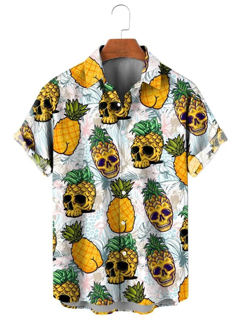 Men's loose fit 3D printed Hawaiian shirt with lemon and pineapple fruit pattern on dark background, short sleeves, polyester fabric