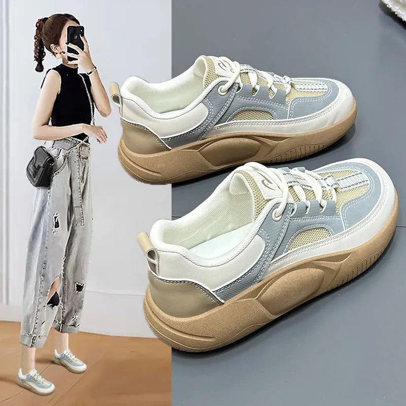 Women's platform board shoes in beige green, front lace-up with round toe and solid colour artificial PU upper