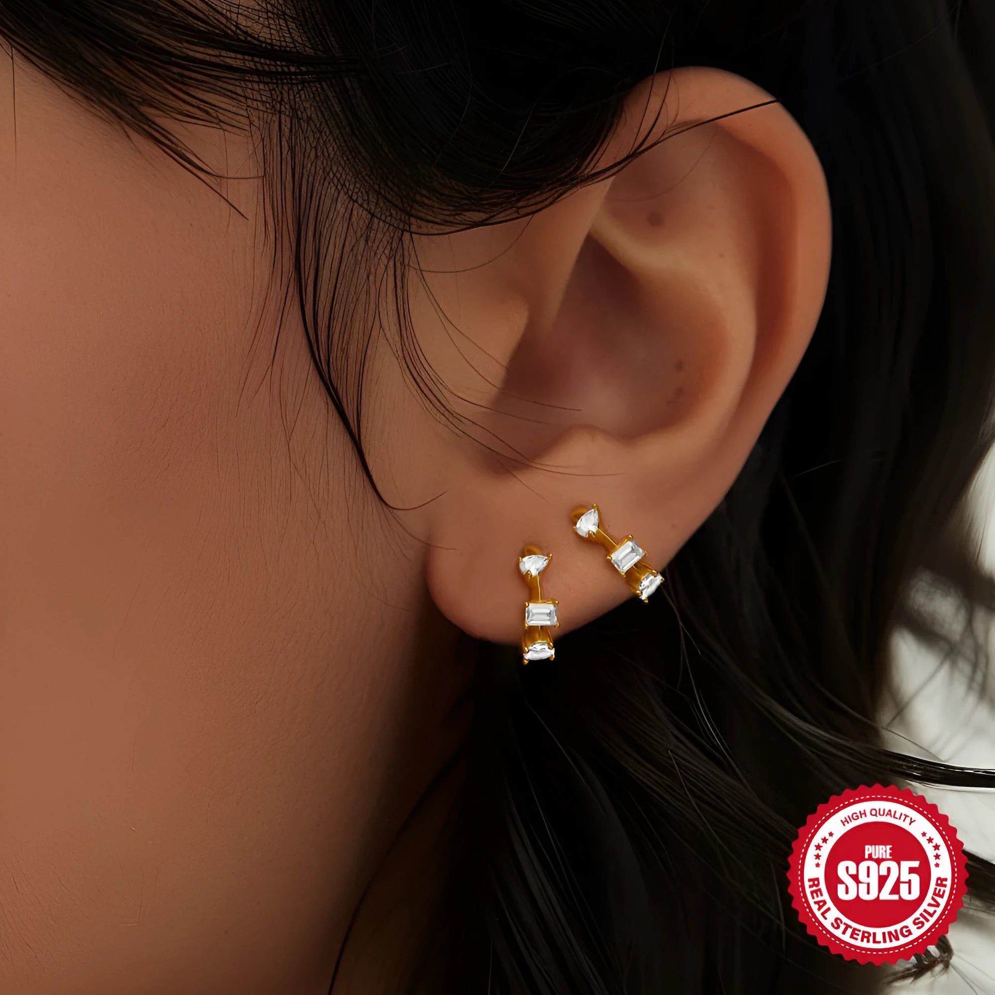 Sterling silver geometric stud earrings with circular diamond-style design in gold and silver electroplated finishes