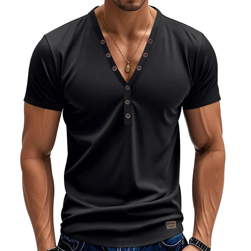 Men's loose V-neck pullover top with button detail in light blue colour