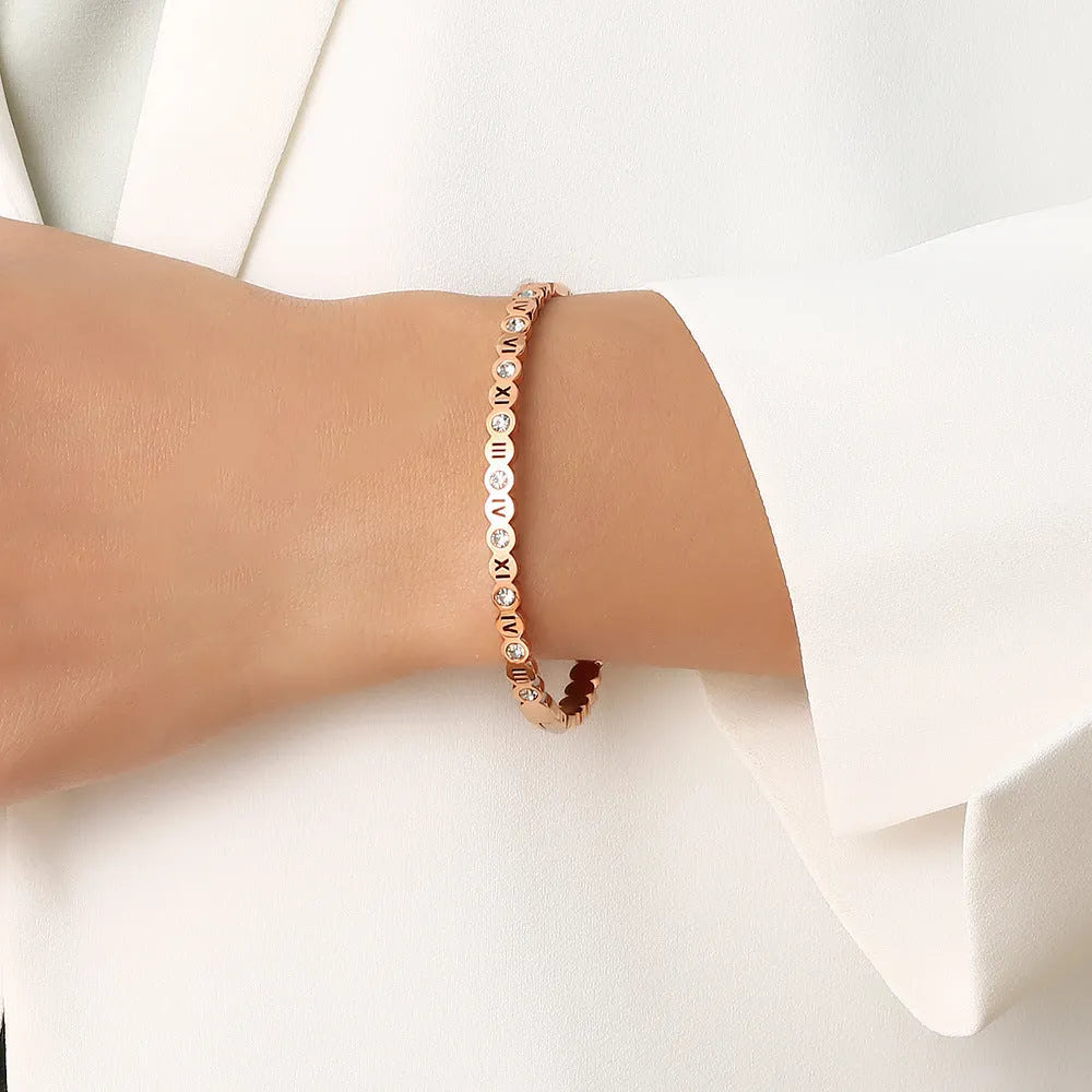 Korean style titanium steel bracelet with numeric decoration in gold, rose gold or steel electroplated finish
