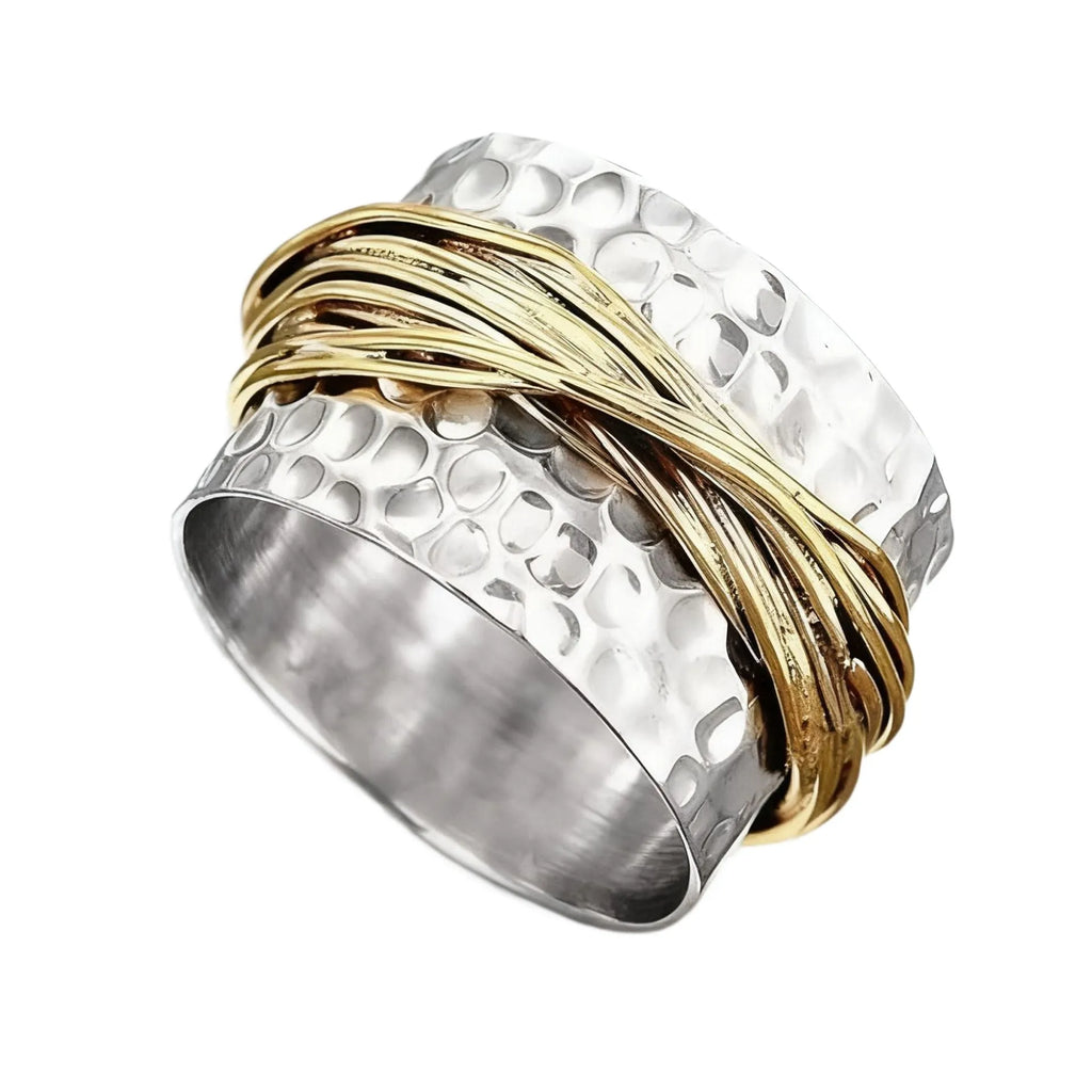 Alloy hammered metal coil ring with electroplated two-tone finish available in sizes 6 to 10