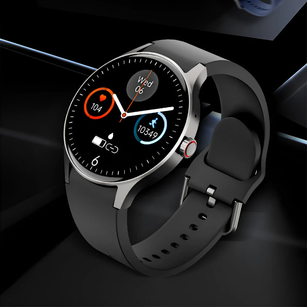 Black unisex smart sport watch with a round screen on a wrist, showing a watch face.