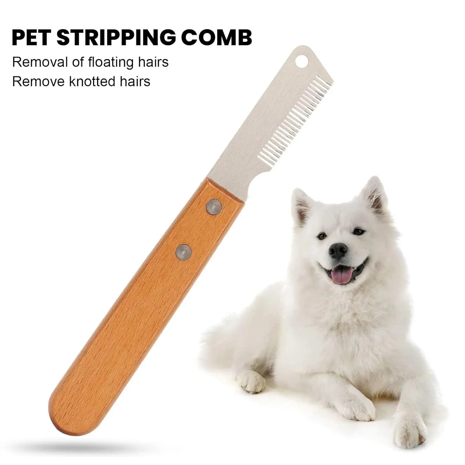 Pet stripping comb with wood handle in two sizes for dog and cat grooming