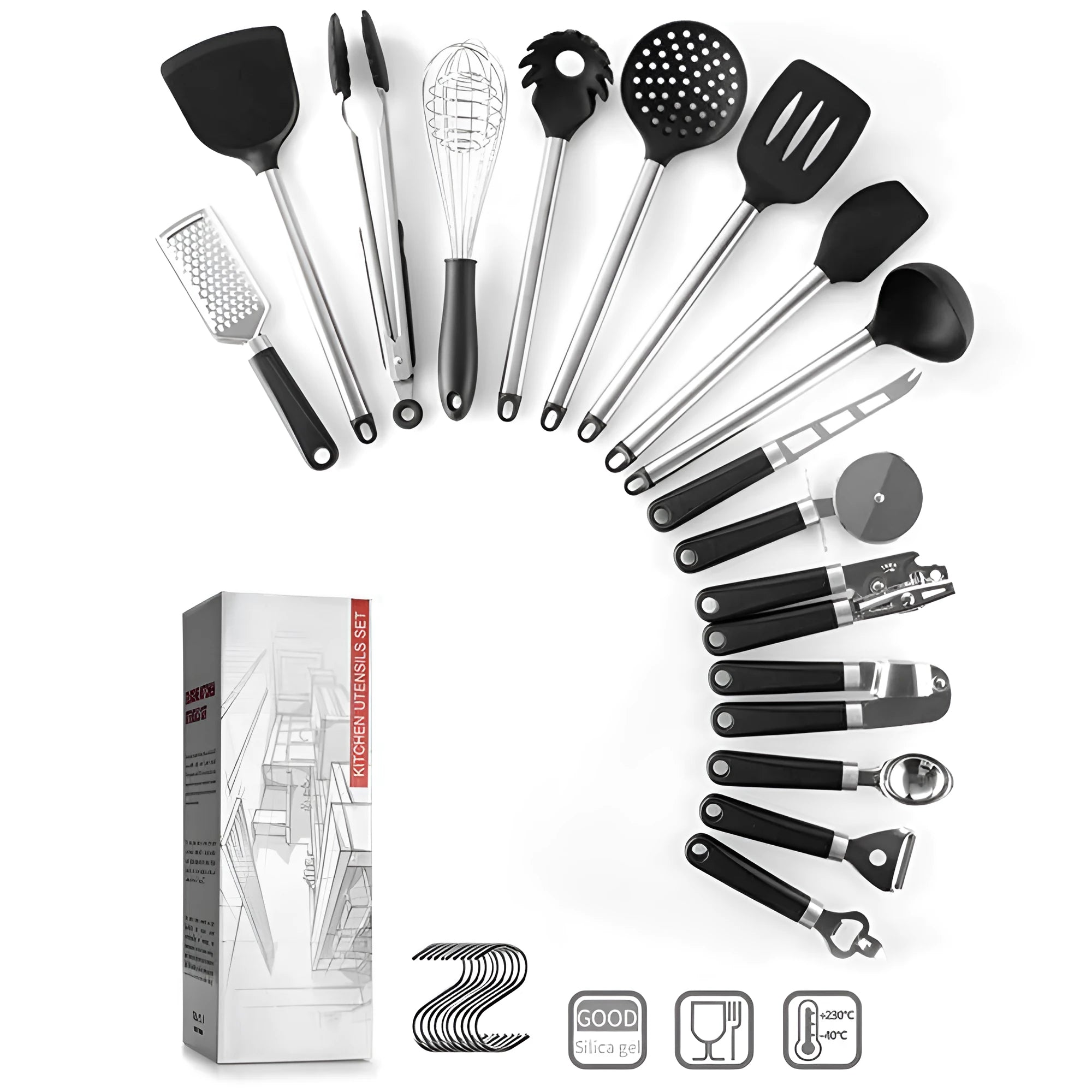 Black silicone kitchen spatula spoon set with stainless steel handles, 16-piece cooking utensil collection