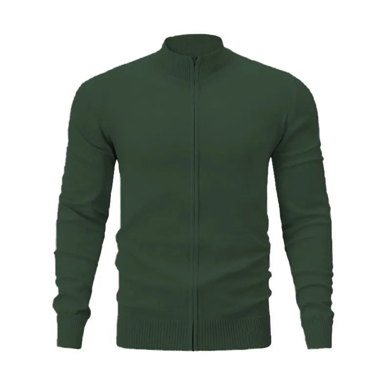 Casual stand collar zip-up sports sweater in a solid colour, shown on a model.