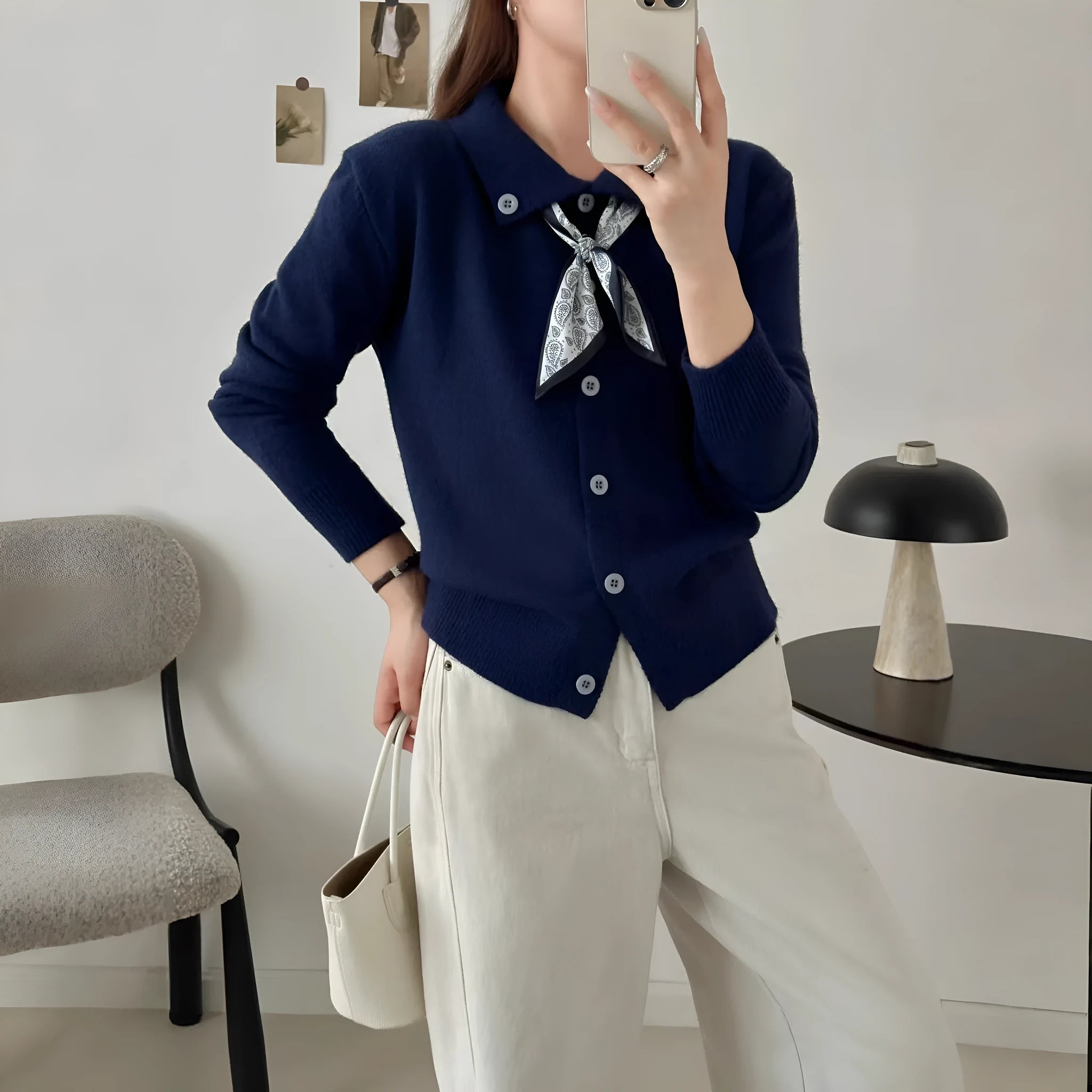 Beige lapel scarf collar cardigan sweater with long sleeves on a hanger