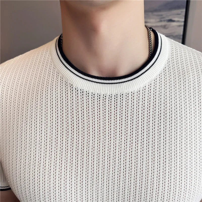 Men's round neck contrast colour stretch knitted short sleeve t-shirt in black, brown, and white