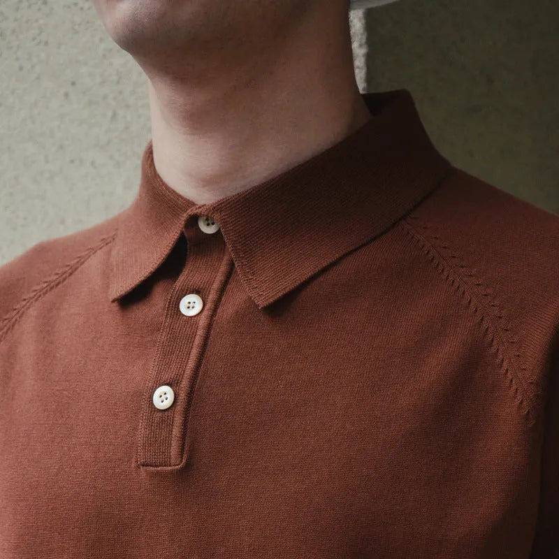 Retro knitted cotton short-sleeved t-shirt in solid dark brown pine green and light gray slim fit summer leisure top