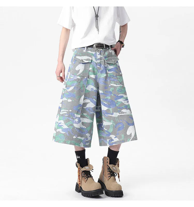 Women's camouflage colour cropped denim trousers with straight leg workwear style and front pocket