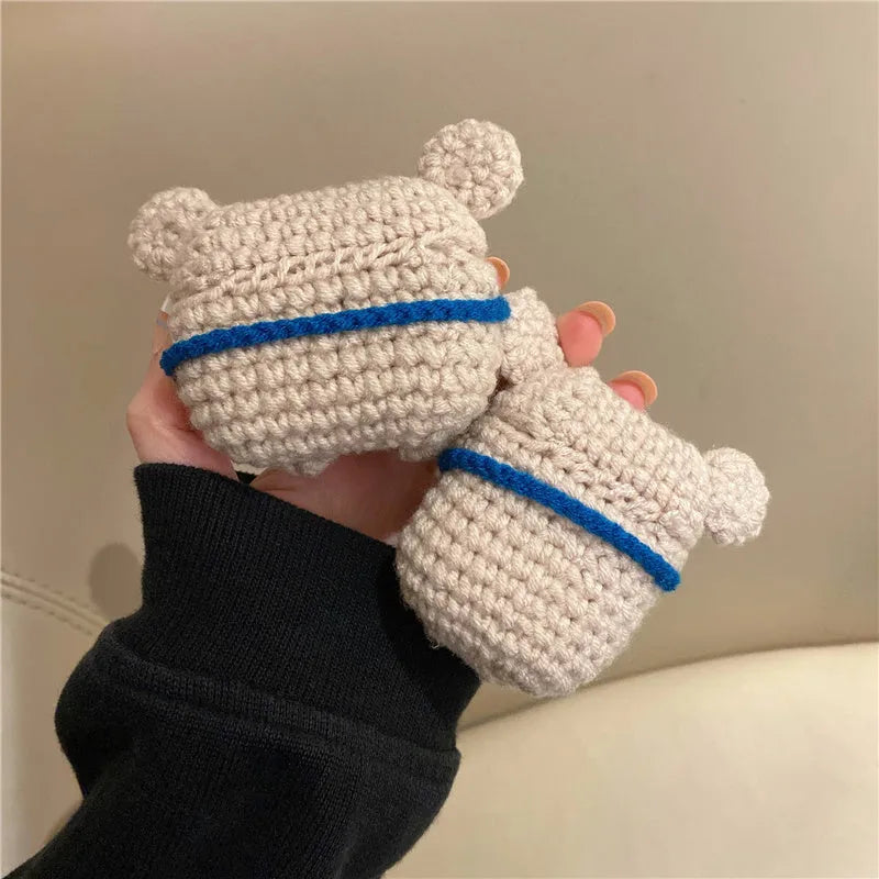 Handmade knitted AirPods protective cover with backpack koala bear design showing front and side views