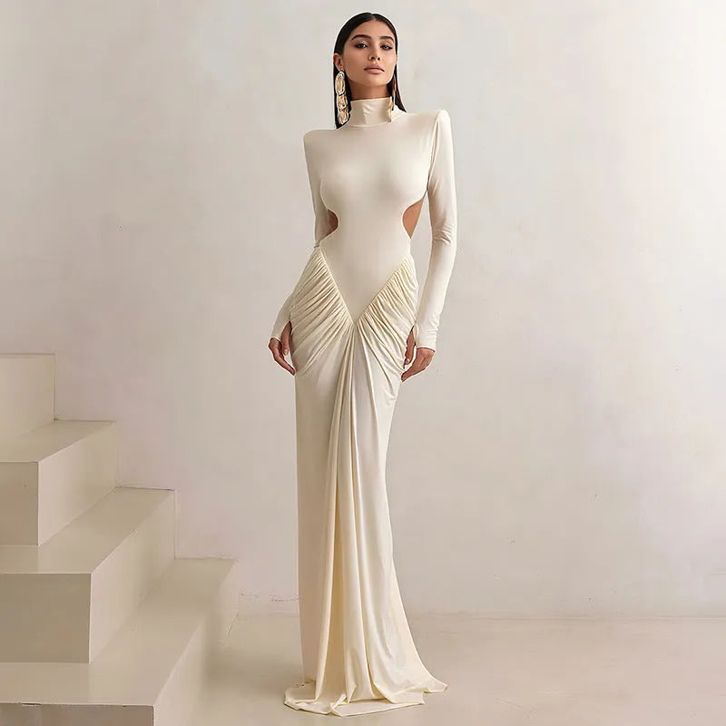Long sleeve high collar backless pleated dress in solid colour options