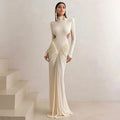 Long sleeve high collar backless pleated dress in solid colour options
