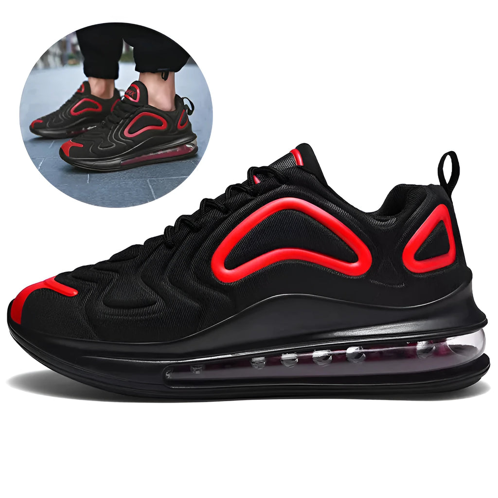 Men's black lace-up sneakers with thick sole and round toe on a white background