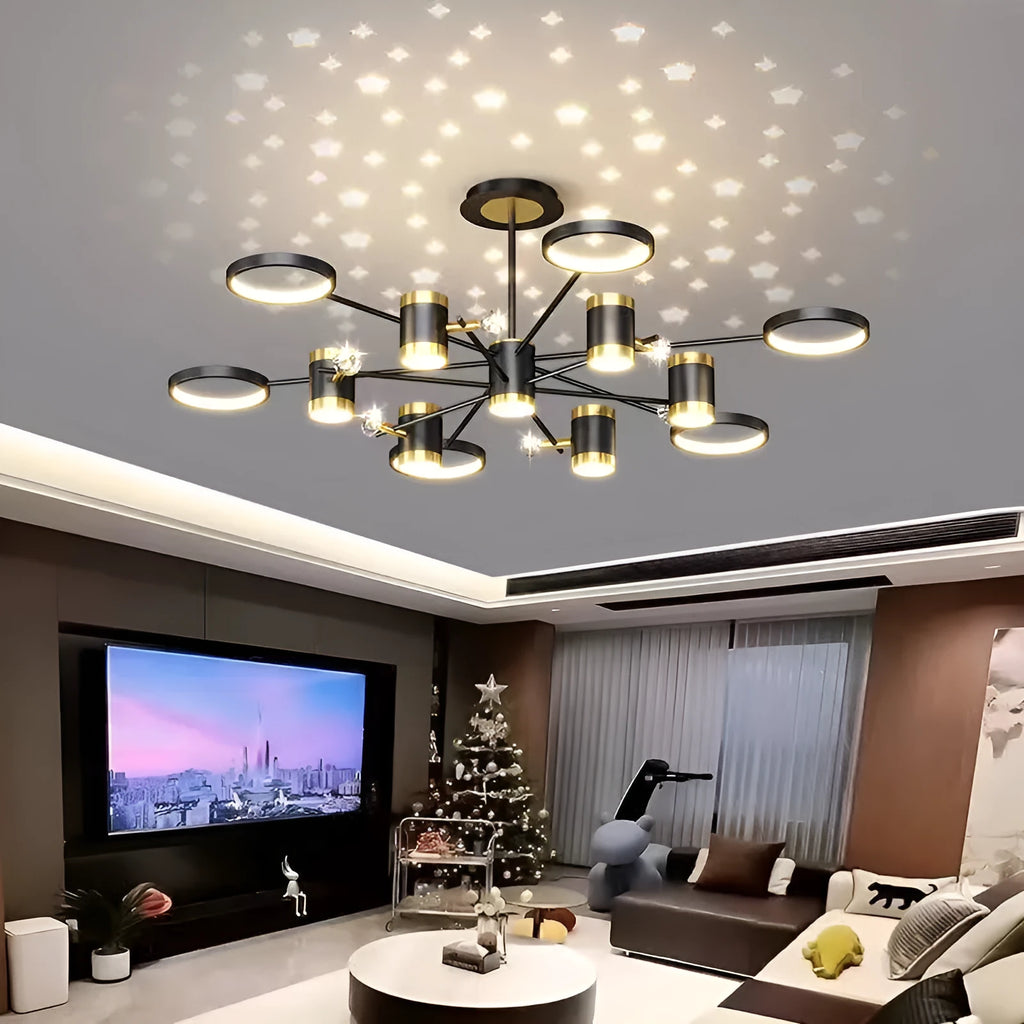 Black iron pendant chandelier with 13 light heads and remote control