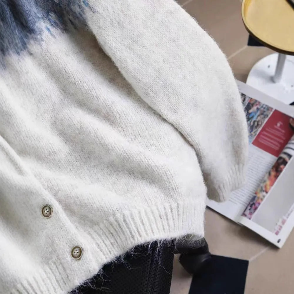 Women's loose-fit jacquard knit sweater coat in milky white, brown, or navy blue.