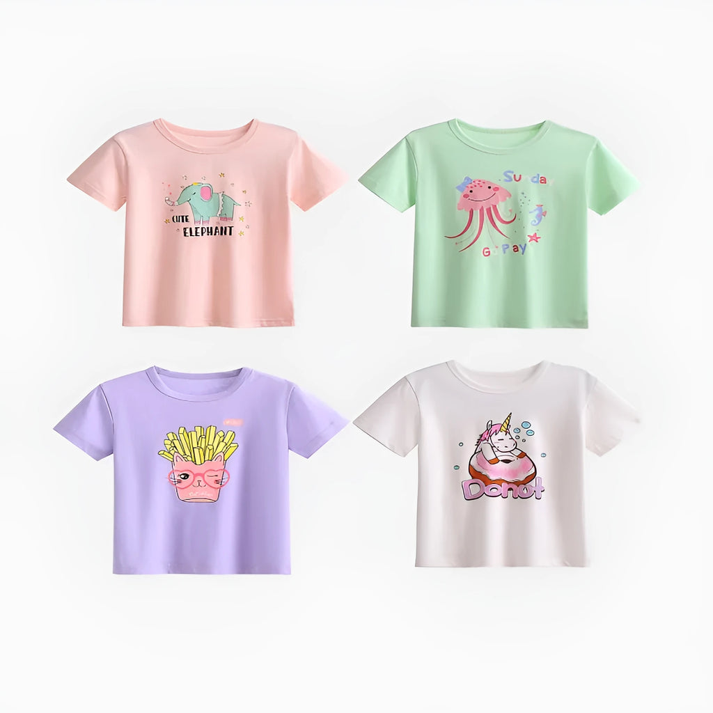 Girls' cotton printed t-shirt with cartoon pattern, short sleeves, available in multiple heights