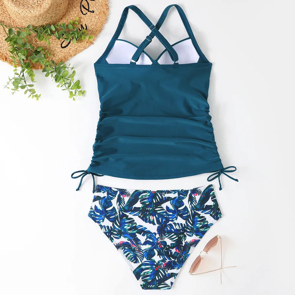 Women's two-piece nylon swimsuit with high-waist briefs in solid colour options