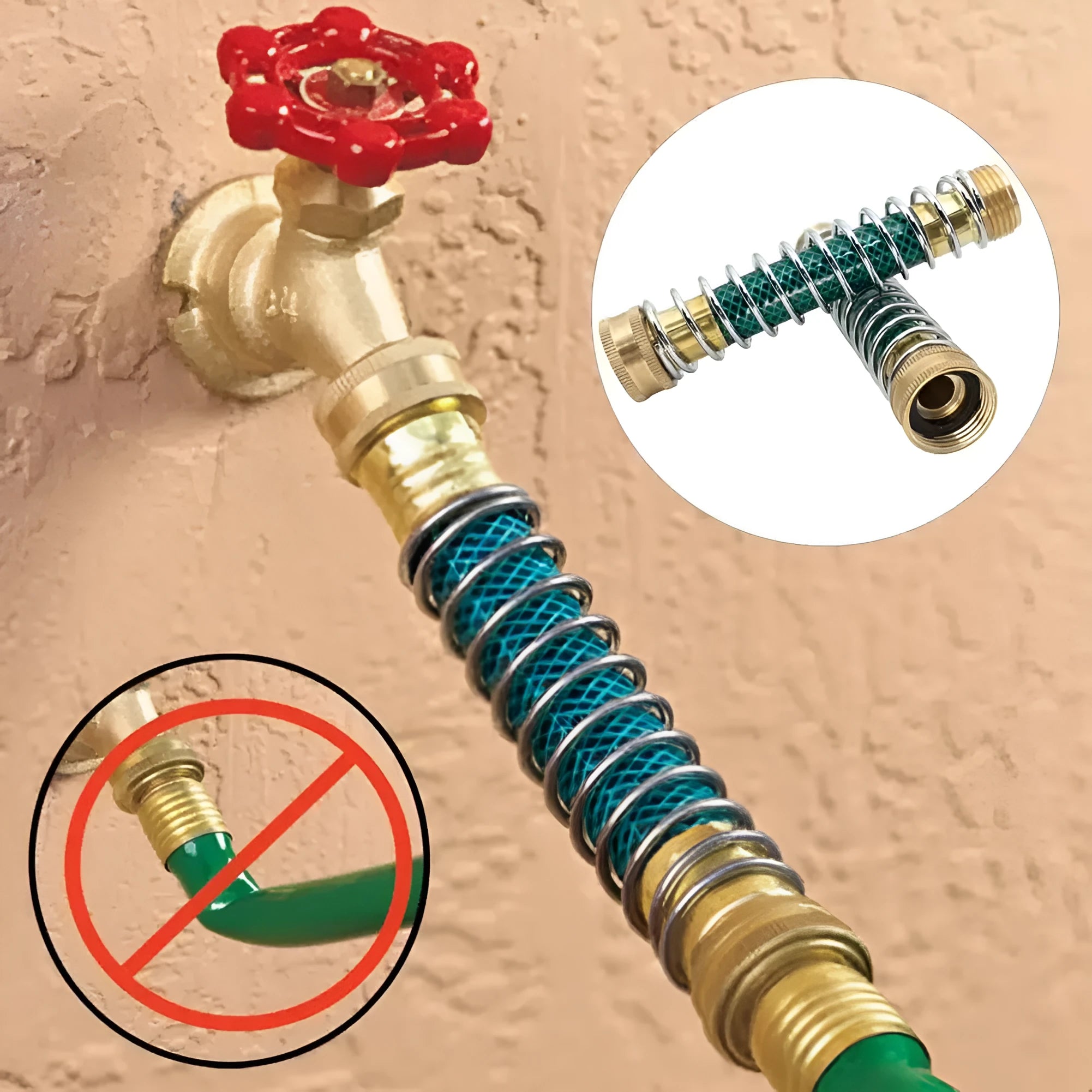 Brass garden hose connector with internal stainless steel spring, length 15 cm