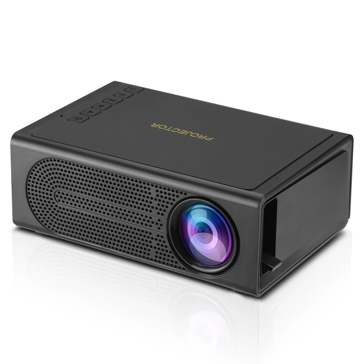 Black portable mini projector with wired mobile phone connection and international power plugs