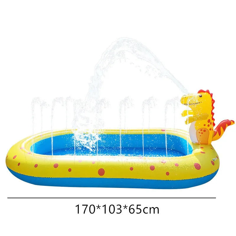 Blue inflatable dinosaur-shaped kids' pool with shark graphics and a water spray jet.