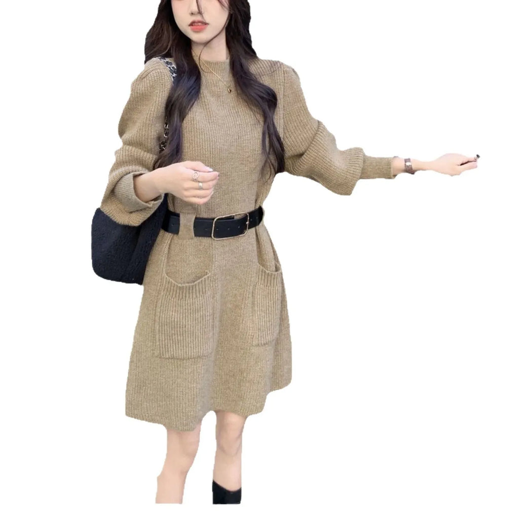 Long sleeve loose knitted base dress in beige with black belt, high-waist design, free size polyester women's dress
