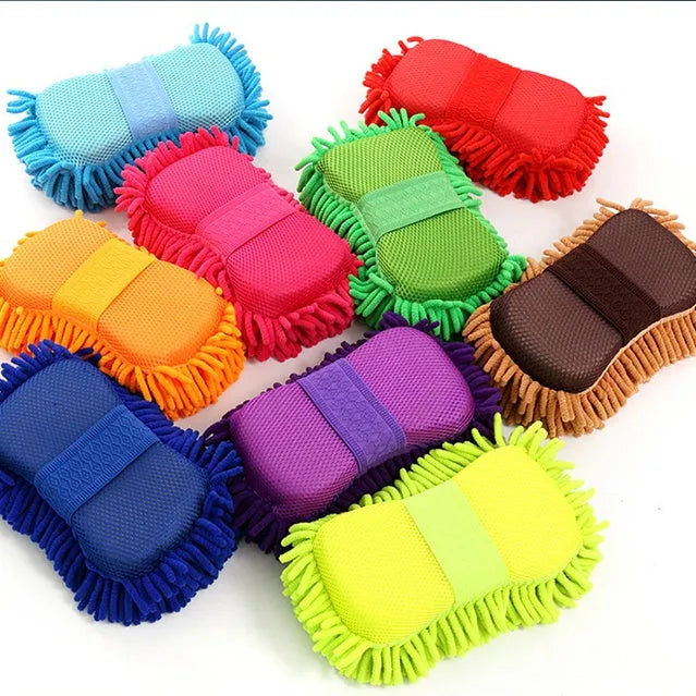 Silvery green microfiber car wash sponge measuring 14 by 25 centimetres for vehicle cleaning