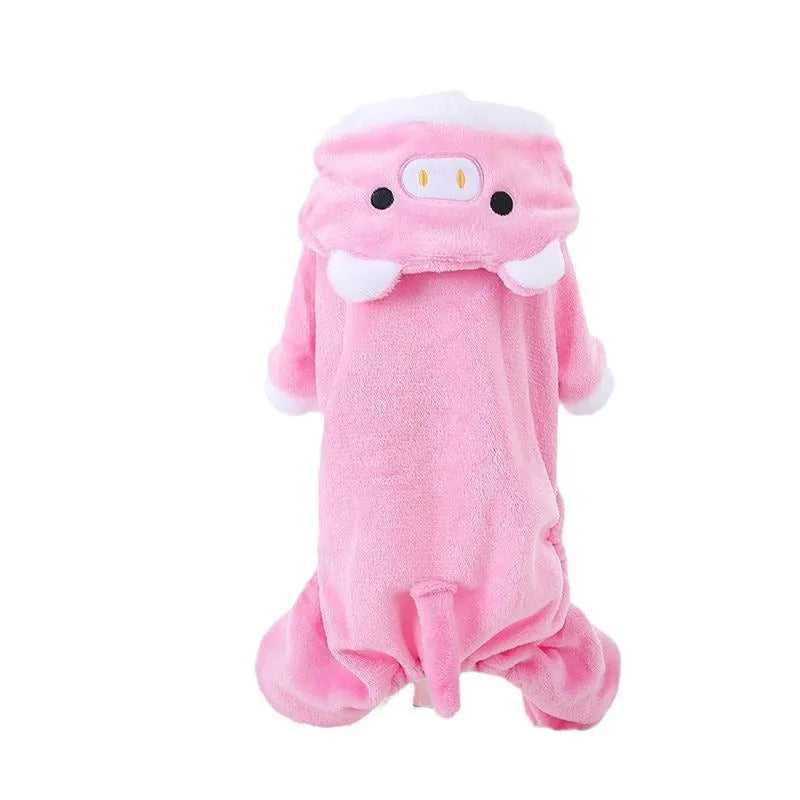 Fleece-lined thermal coral fleece pig pet costume for cats and small dogs, cartoon style, available in six sizes