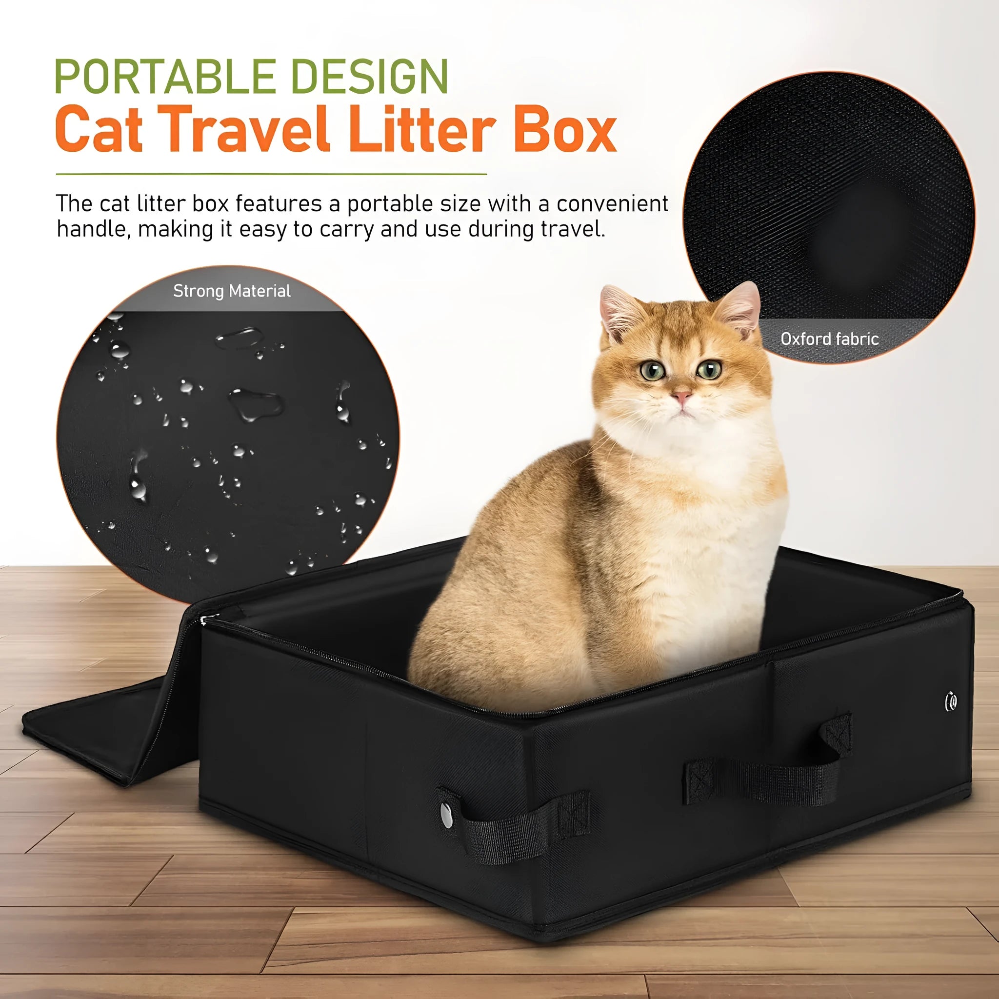 Black 600D Oxford cloth folding cat litter box open on floor showing 40x30x15cm size