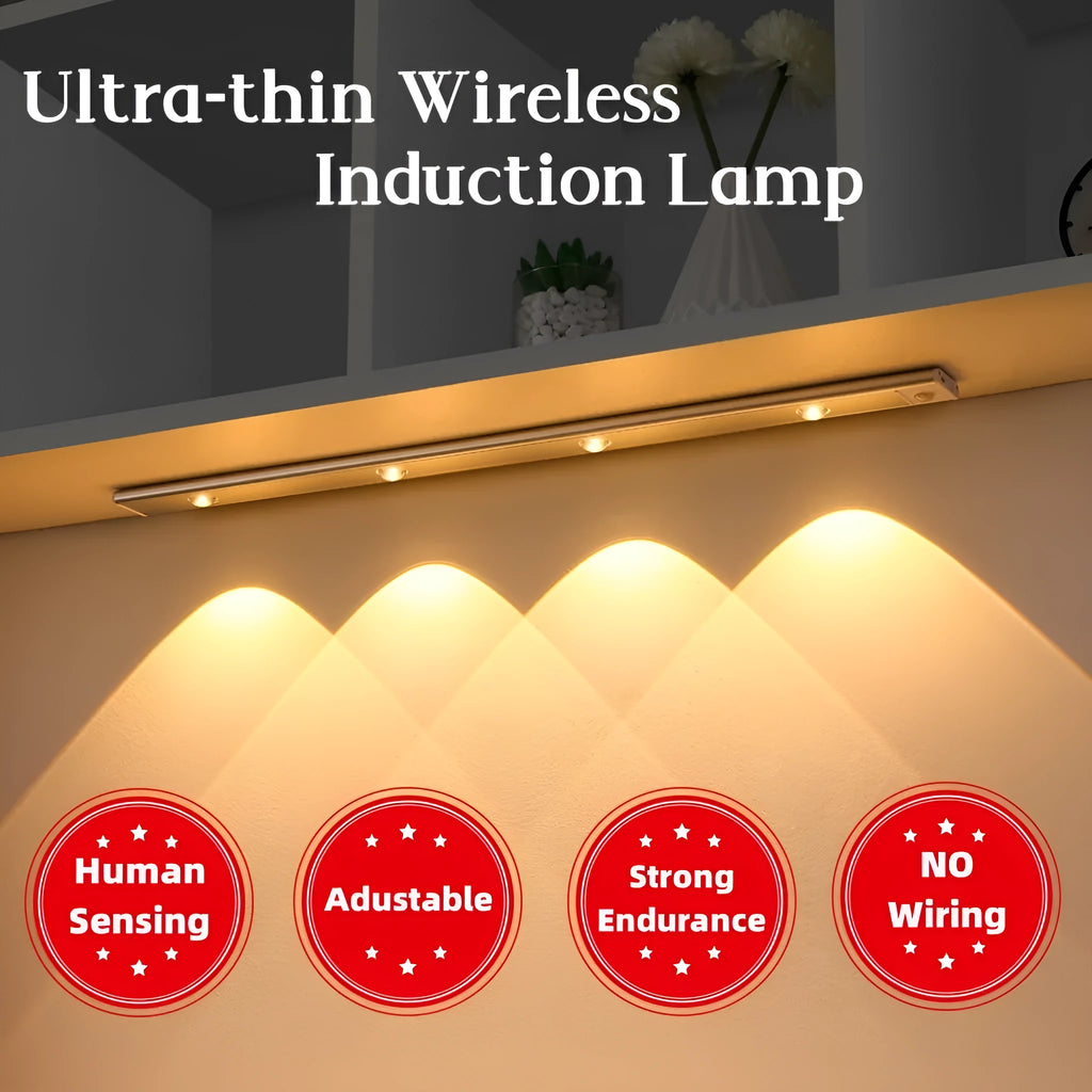 Silver ultra-thin LED light strip with motion sensor mounted inside a wooden wardrobe.