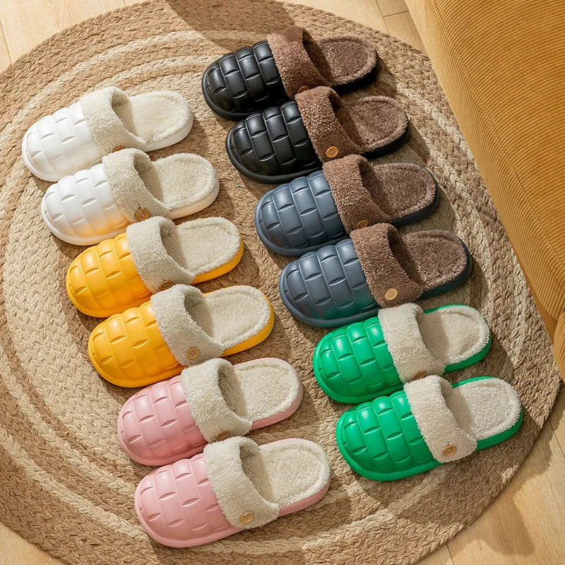 Plaid patterned EVA detachable slippers with plush lining, shown in pink, on a plain background.