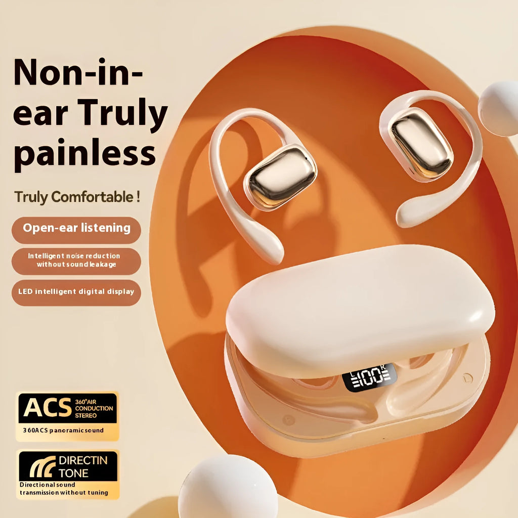 Ear-mounted wireless headphones with digital display screen in black, skin colour, or white colours
