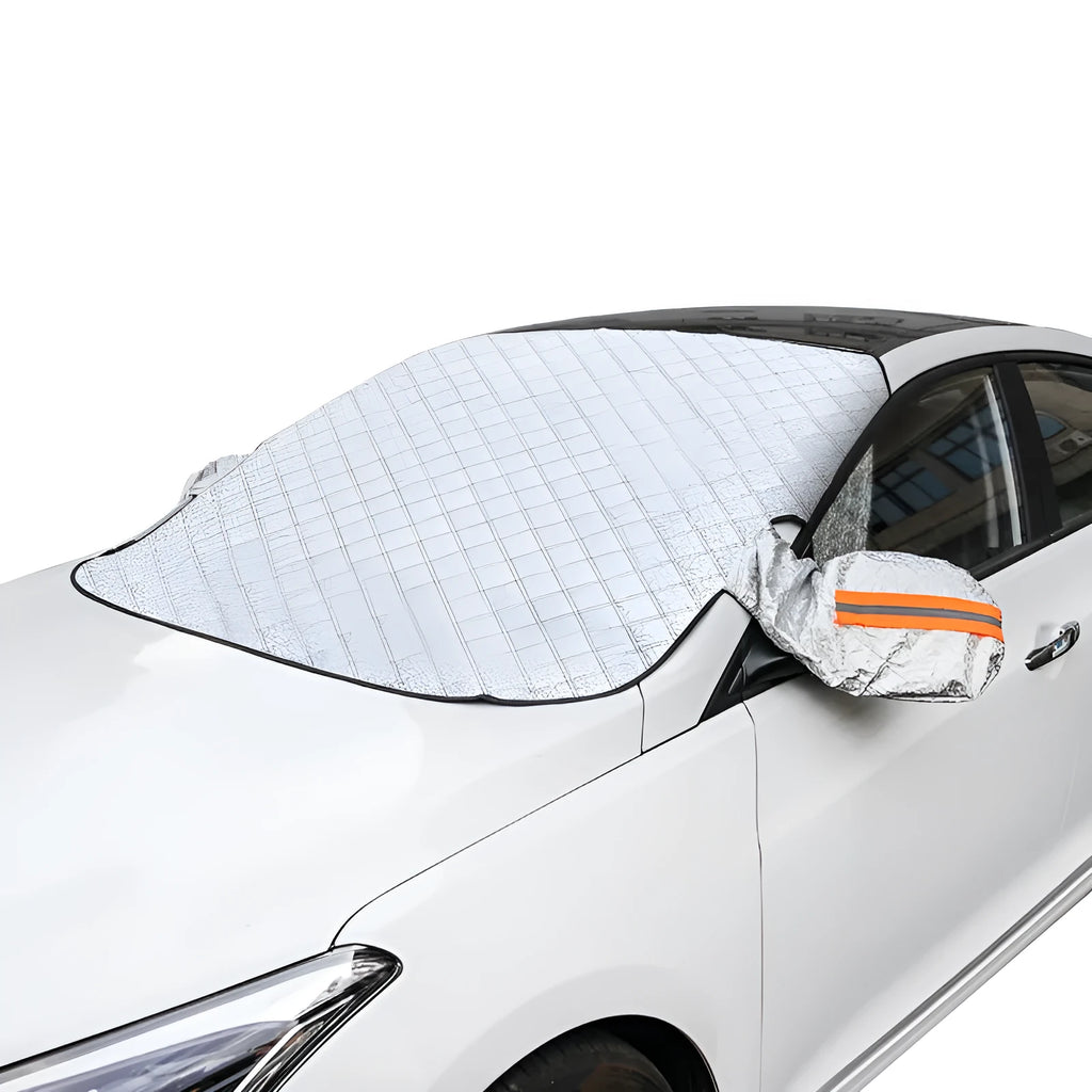 Magnetic anti frost car snow cover made from aluminium foil with magnets and reflective strips protecting a windscreen