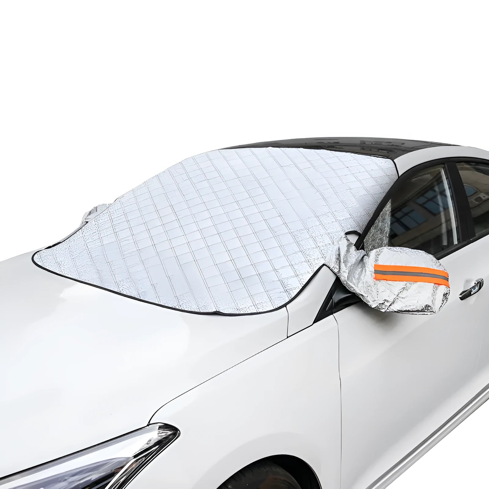 Magnetic anti frost car snow cover made from aluminium foil with magnets and reflective strips protecting a windscreen