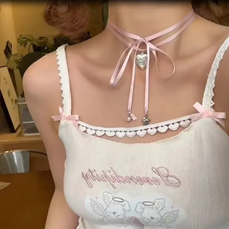 Women's alloy fashion necklace with love pendant and ribbon design in electroplated finish