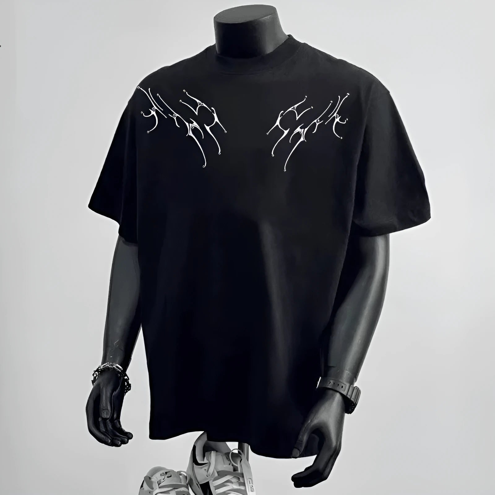 Men's black loose fit cotton t-shirt with white couple letter print on chest