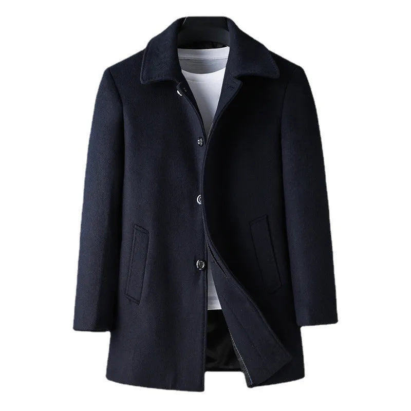 Mid-length wool blend trench coat with lapel collar in navy blue, Korean slim fit
