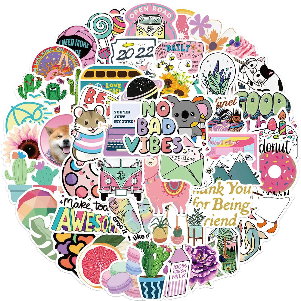 50 cartoon PVC waterproof stickers in assorted graffiti styles including astronaut, drink, and animal designs on a white background