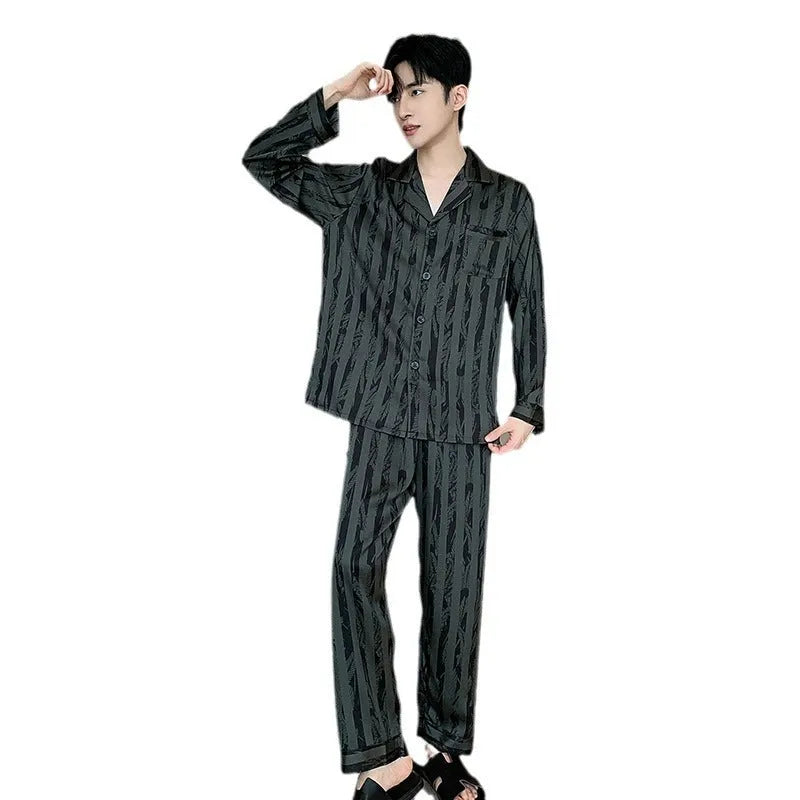 Men's black stripes ice silk V-neck pajama set with long sleeves and trousers