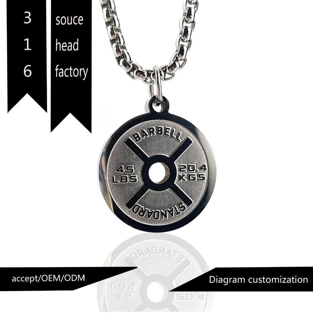 Polished stainless steel geometric barbell disk pendant necklace with choice of chain.