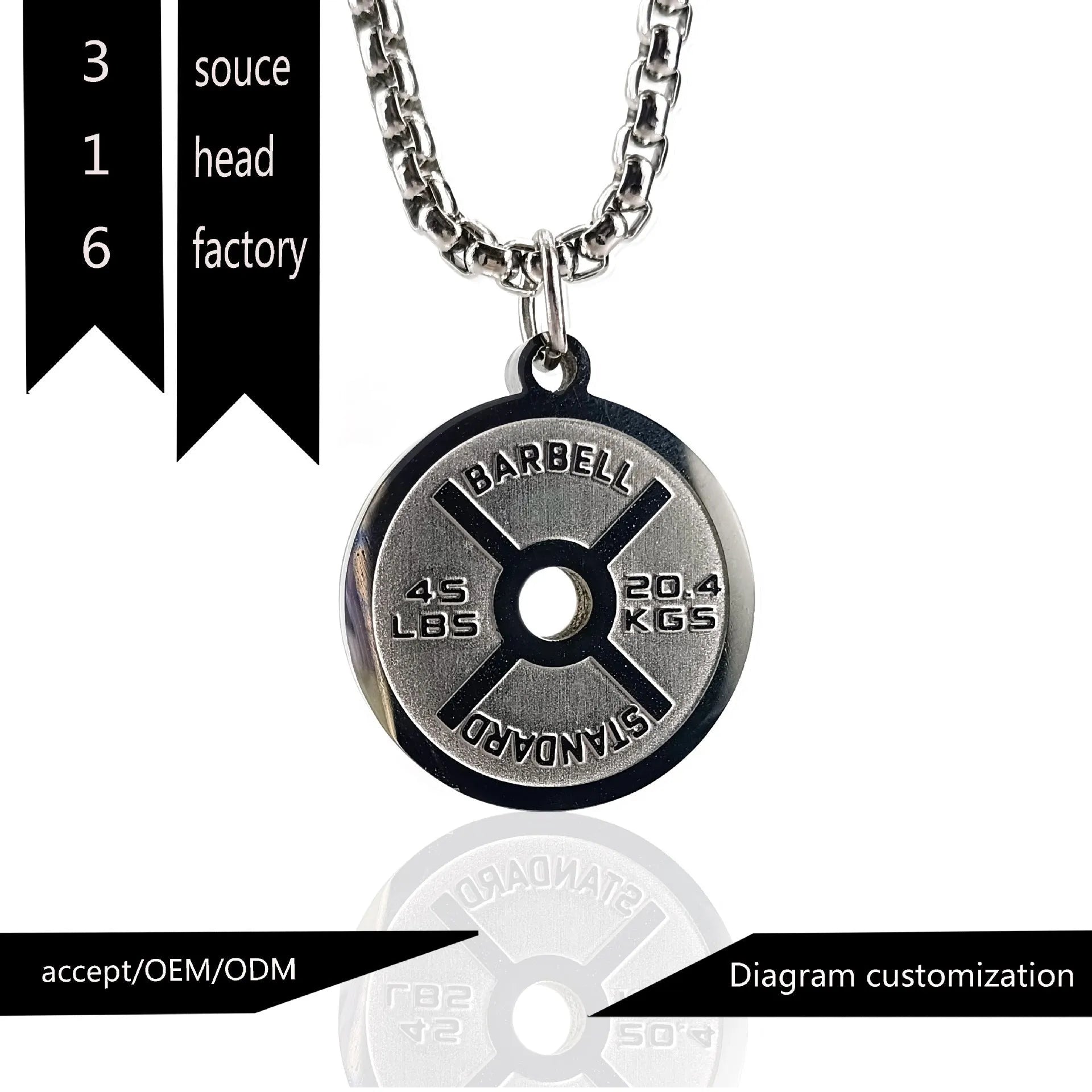 Polished stainless steel geometric barbell disk pendant necklace with choice of chain.