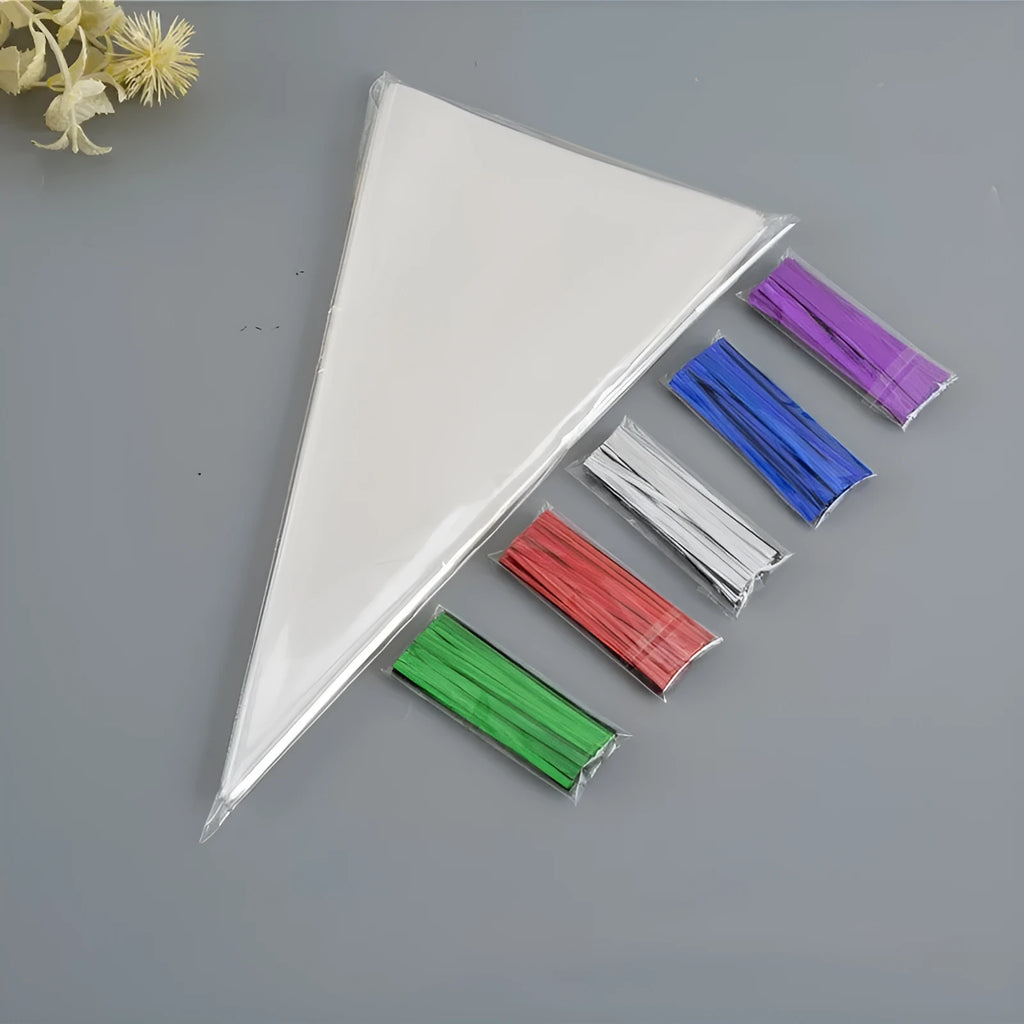 Clear triangular plastic packaging bag with a white tie wire closure, shown in three different sizes.