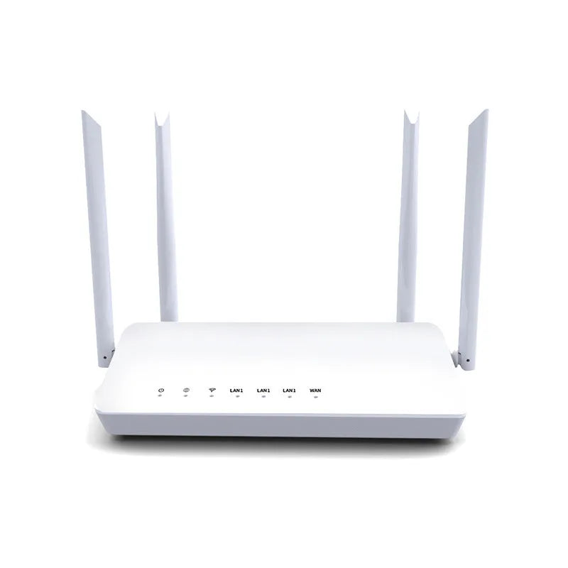 White portable wifi router with 300m range and 4 LAN ports on metal casing