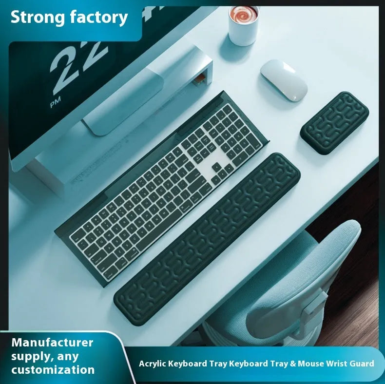 Double-sided keyboard and mouse pad with memory foam base, wrist support, and resin surface.