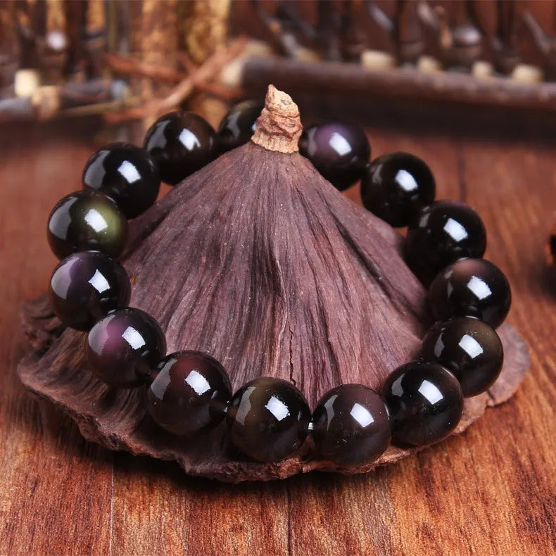 Natural obsidian crystal Pi Xiu bracelet with geometric beads in ice stone colours